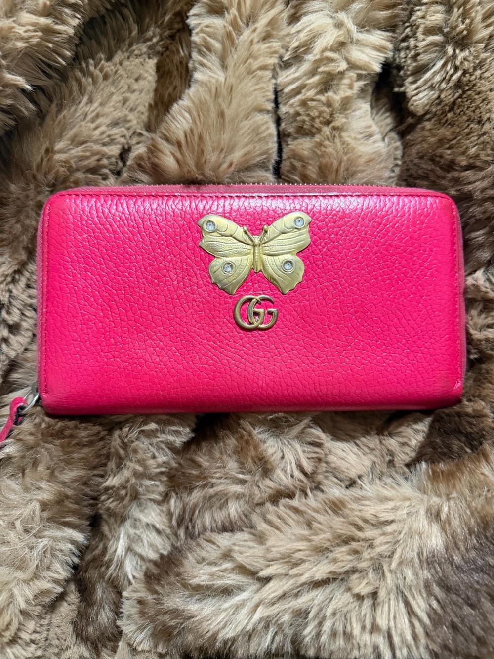 Gucci Hot Pink Leather Zip Wallet with Gold Butterfly